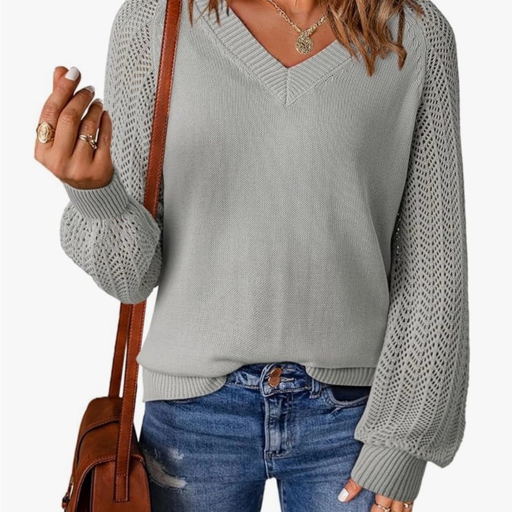 Grey V-Neck Sweater NWT Crochet Mesh Sleeves - Small